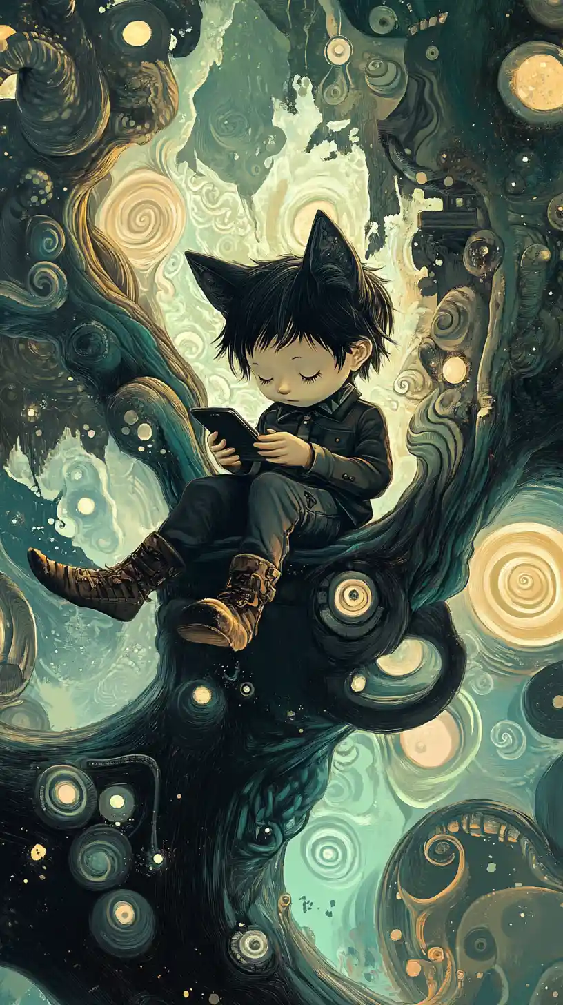 Boy With Cat Ears On Floating Tree Platform Using Phone