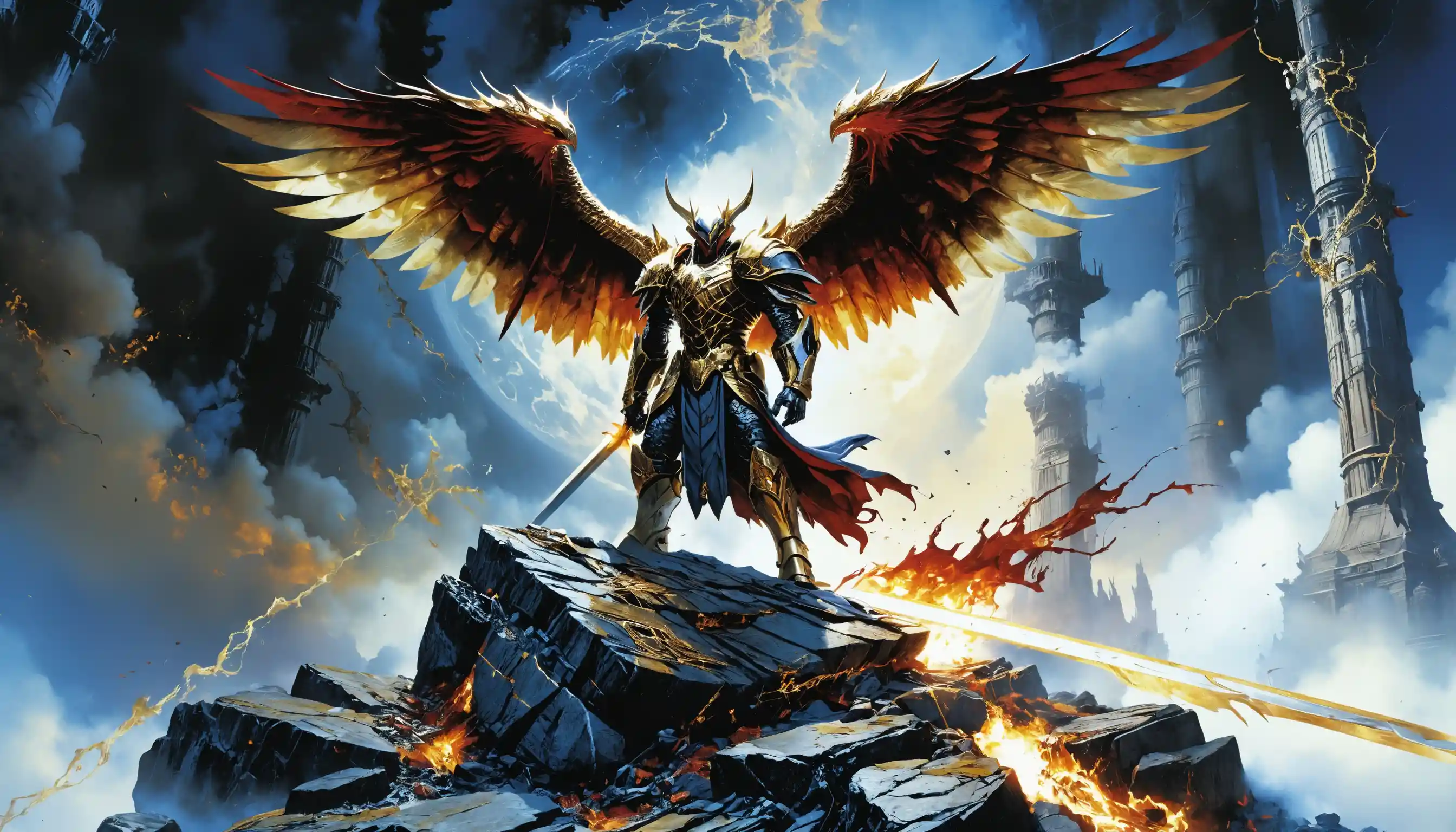 Titán demoníaco encadenado ruge bajo espadas celestiales descendentes