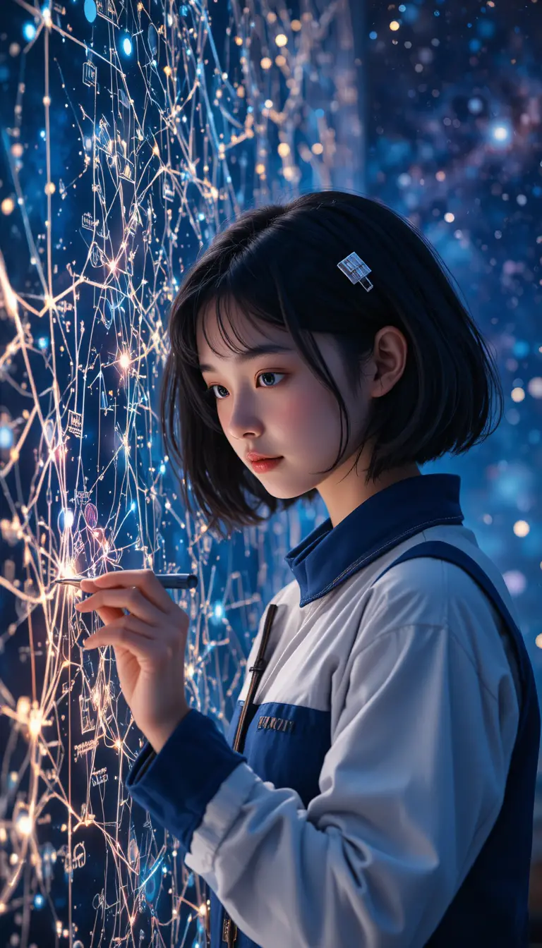 Ragazza che disegna una mappa stellare su un pannello cosmico luminoso