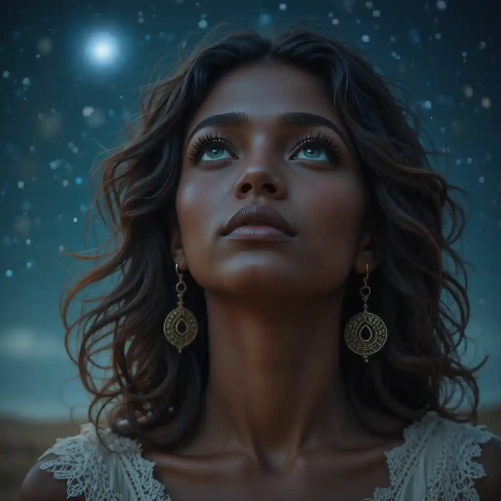 Black woman gazing up at a starry night sky