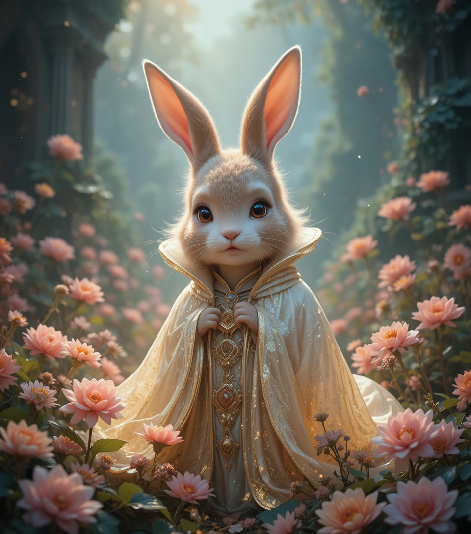 Cute sorcerer rabbit in a magical flower filled garden