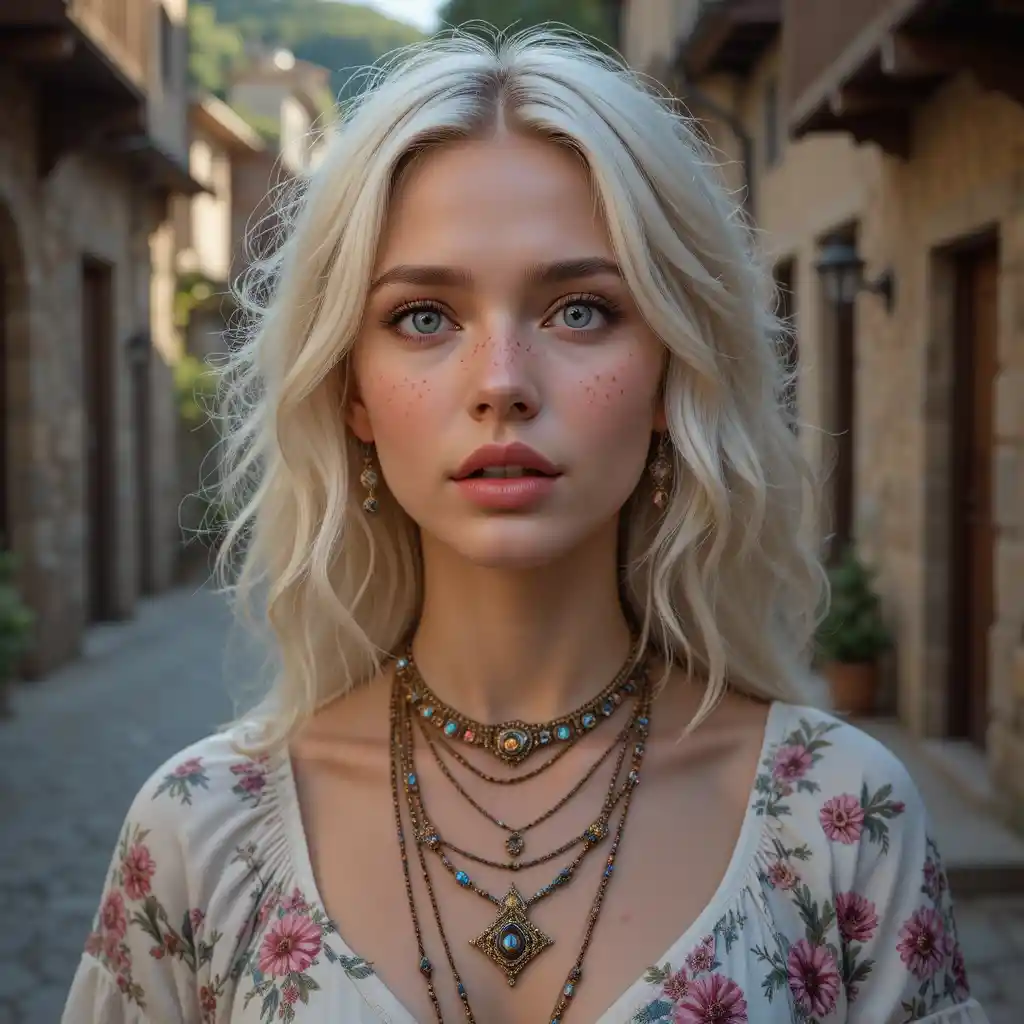 Surprised blonde girl in a rustic village close up portrait