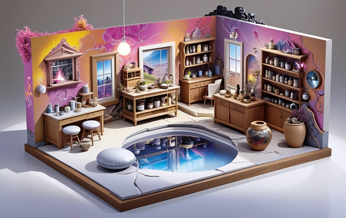 Diorama isométrico 3D de casa em uma ilha flutuante de fantasia