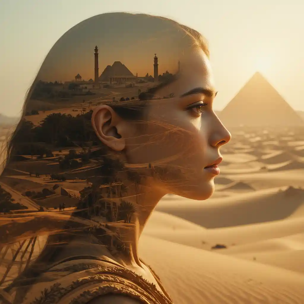 Double exposure portrait of an Egyptian woman and desert