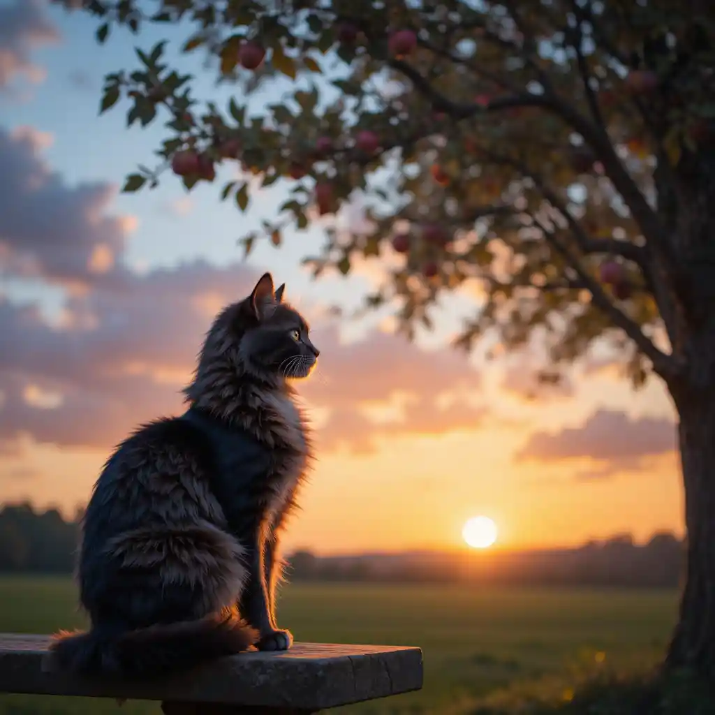 Maine coon cat on a bench beneath an apple tree at sunset
