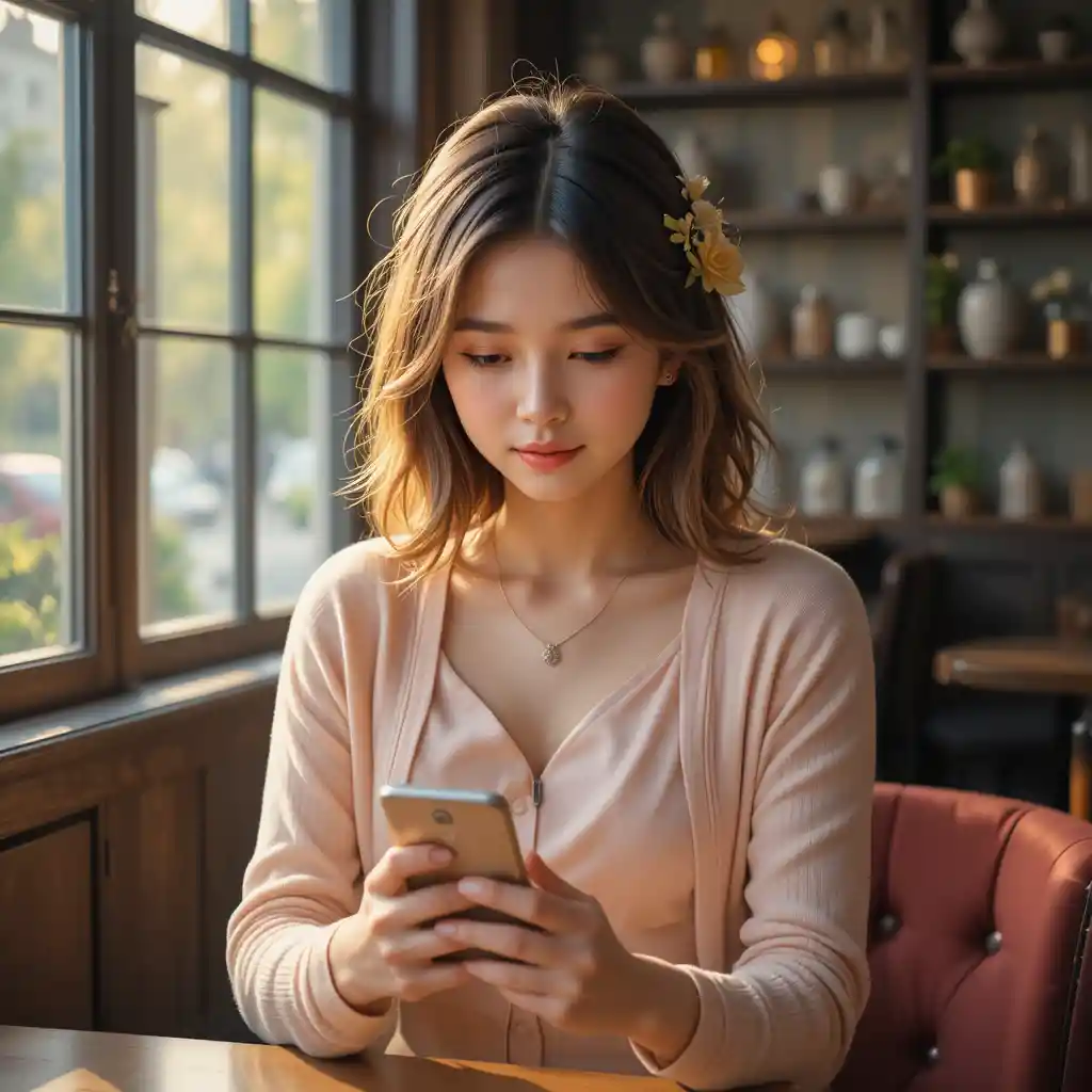Young woman with smartphone in cozy vintage cafe