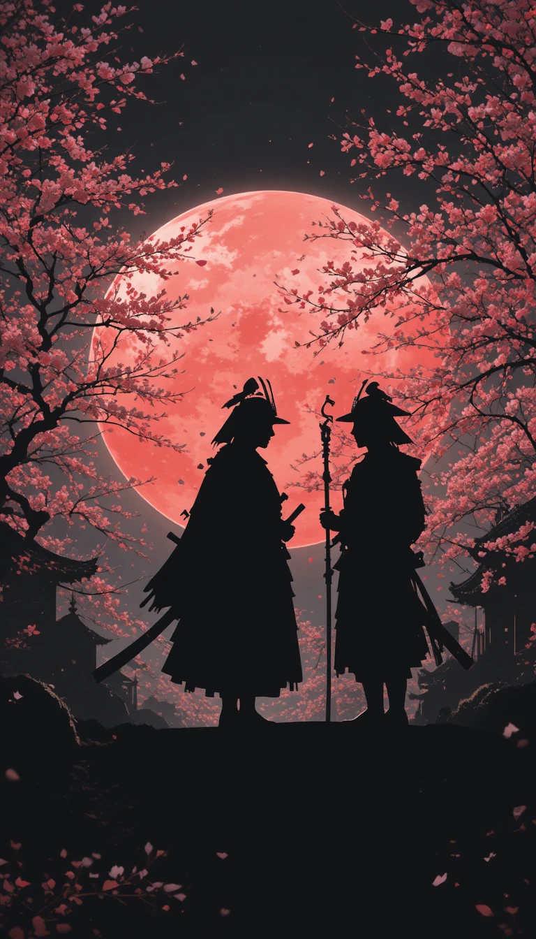 Silhouettes of geisha and samurai with cherry blossoms