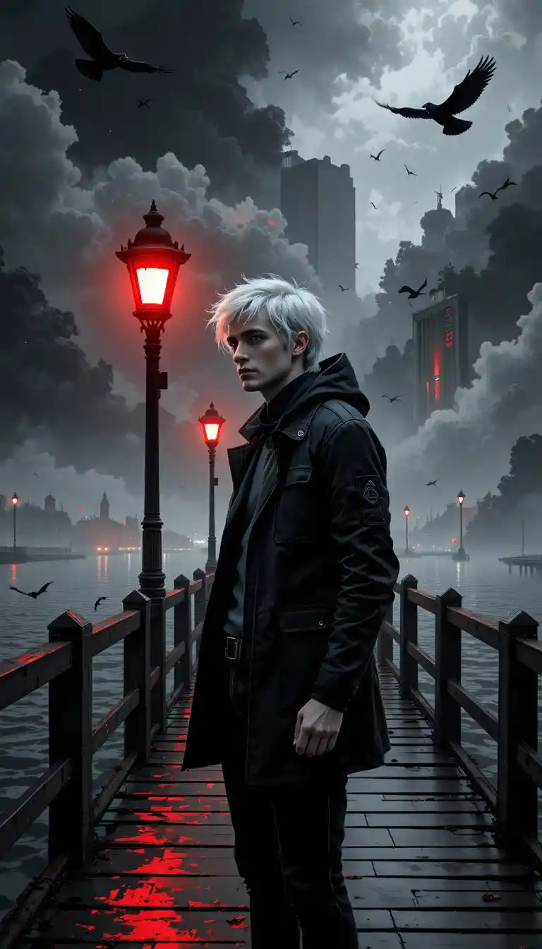 Young man under red streetlight on misty wooden pier