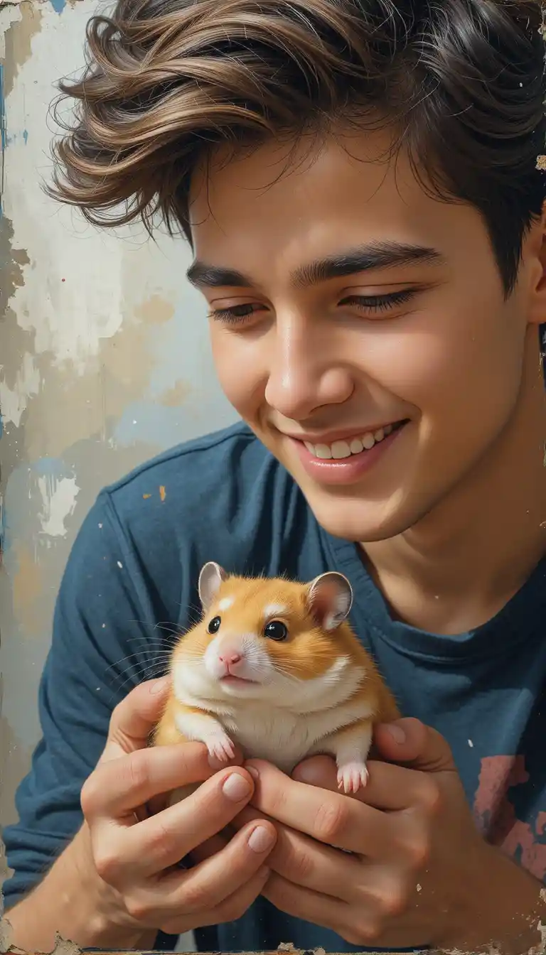 Smiling boy holding a curious hamster in watercolor art