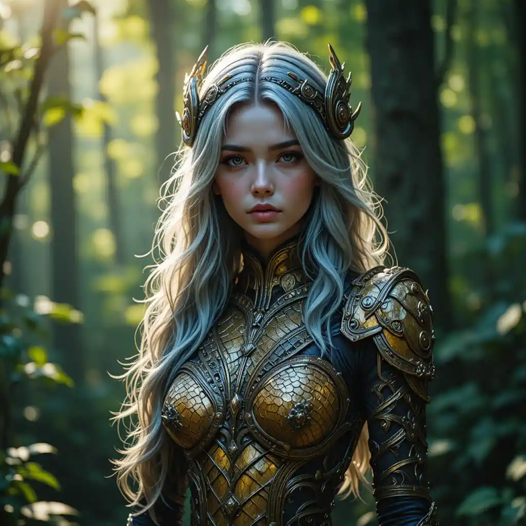 Mulher fantástica com escamas em floresta antiga banhada pelo sol