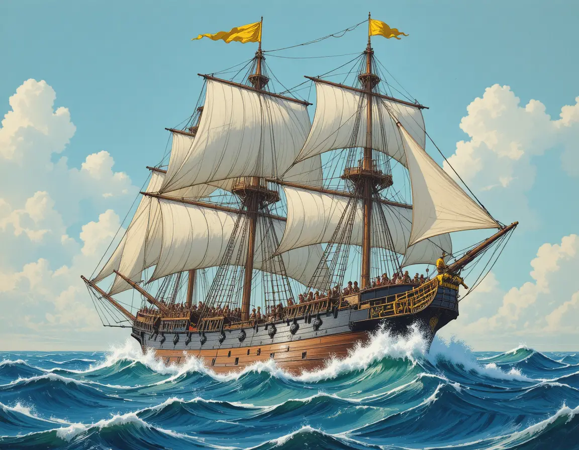Barco de vela vintage en olas agitadas bajo cielo despejado