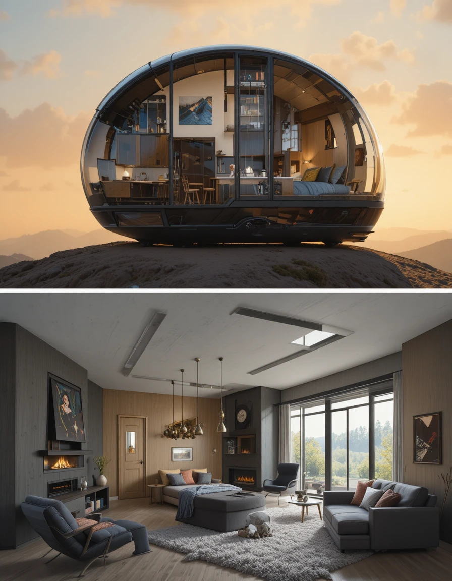 Modernes Haus in Form eines Motorradhelms mit gemütlichem Innenraum