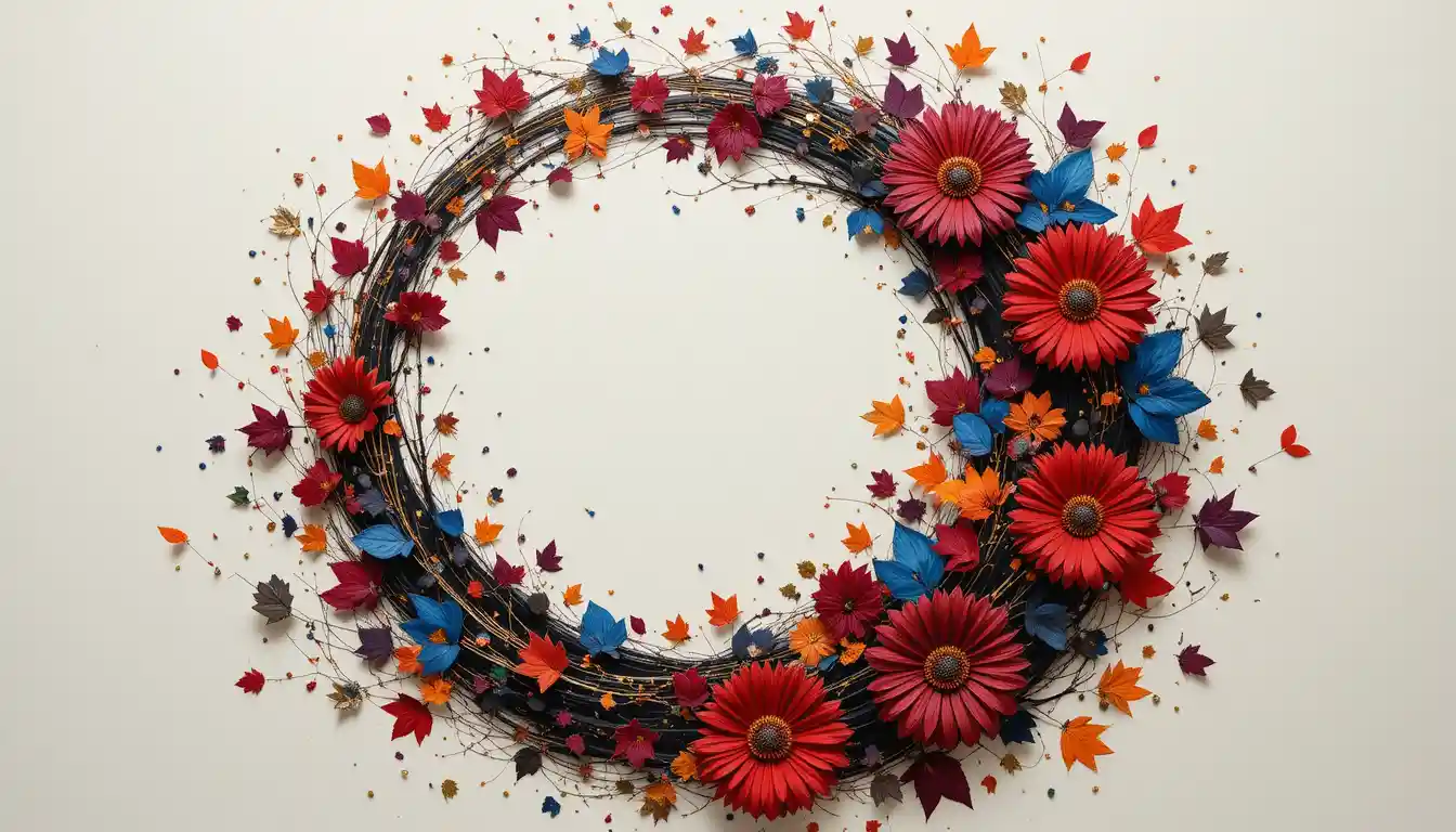 Pintura abstracta minimalista con hojas y flores en espiral