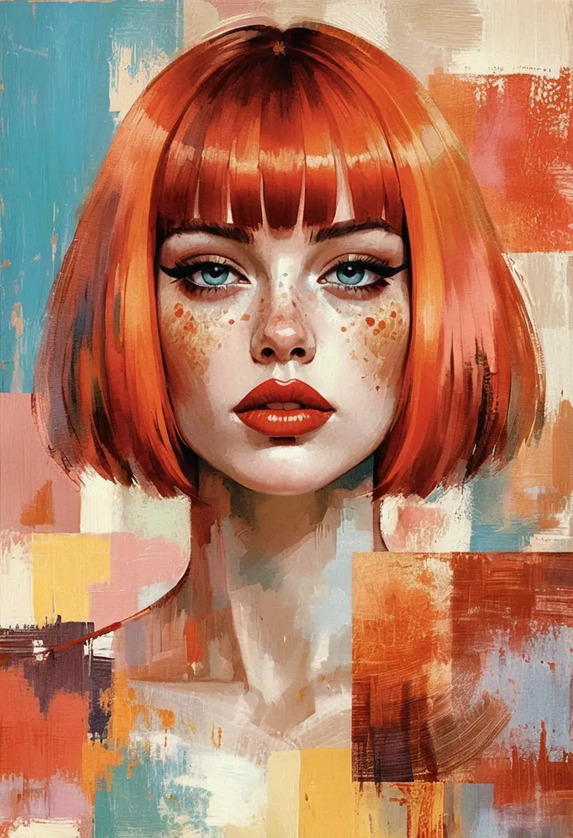 Retrato pop art de uma jovem com cabelo chanel vermelho
