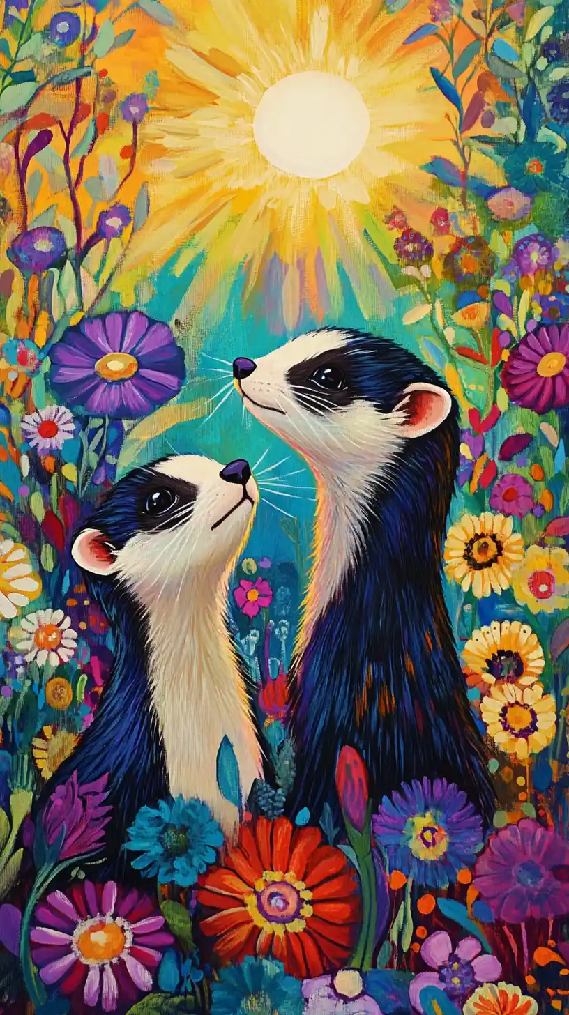 Deux furets noirs et blancs dans un jardin de fleurs coloré