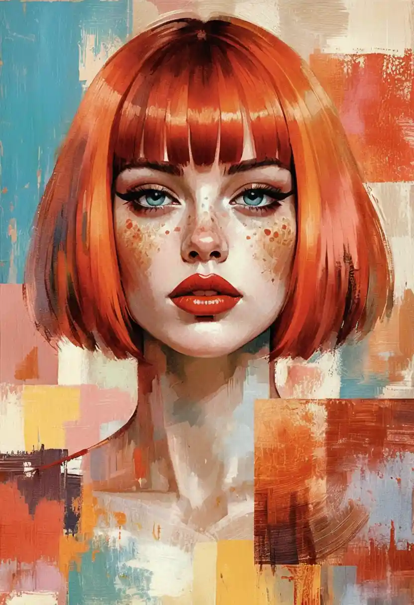 Retrato pop art de uma jovem com cabelo chanel vermelho