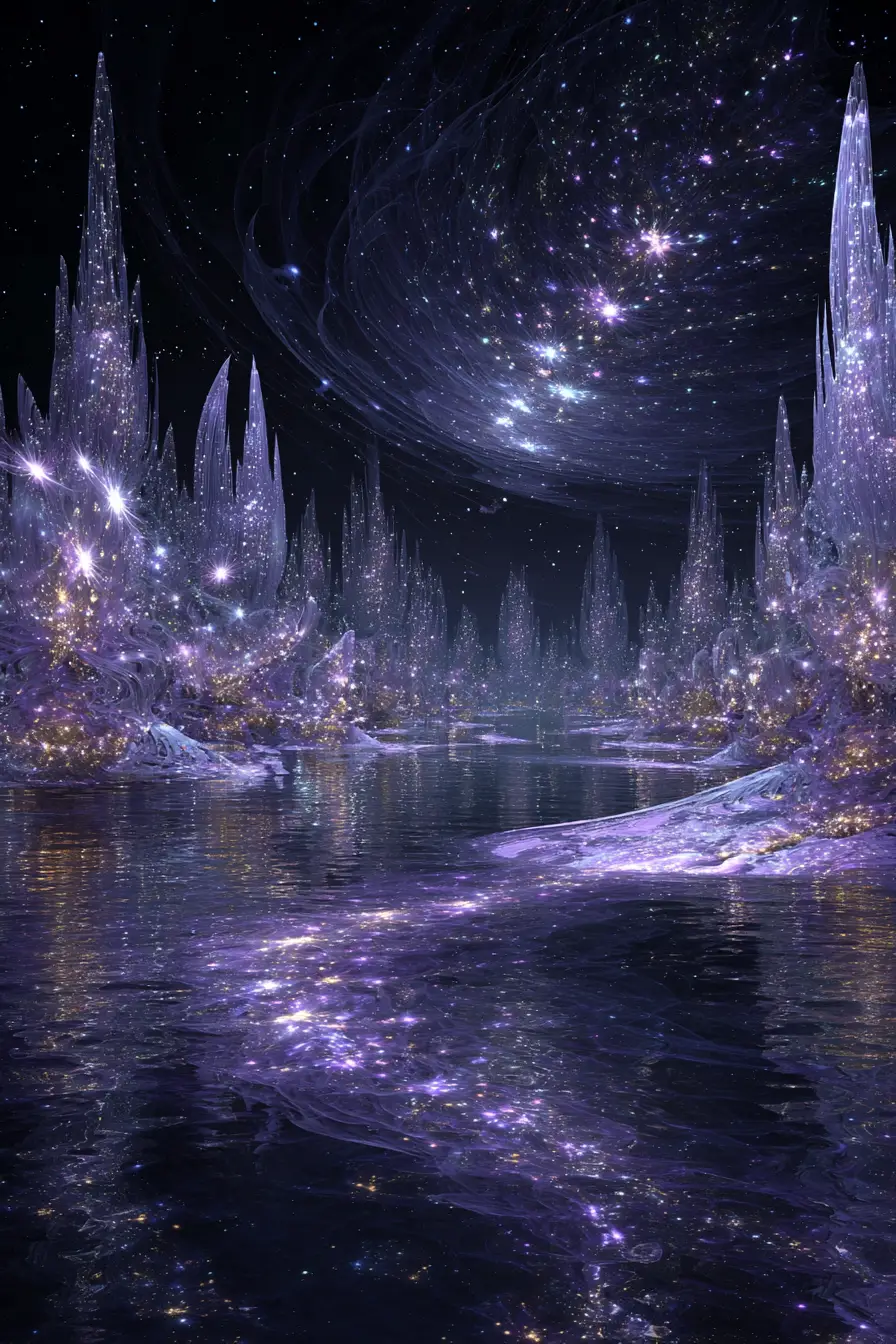 Metropoli eterea di cristallo con luminosa entità cosmica