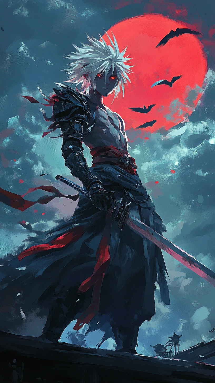 White haired anime girl on a pier under red streetlight