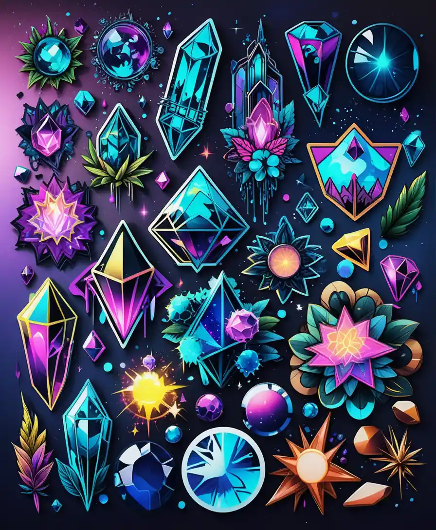 Amas de cristaux colorés sur planche d’autocollants blanche