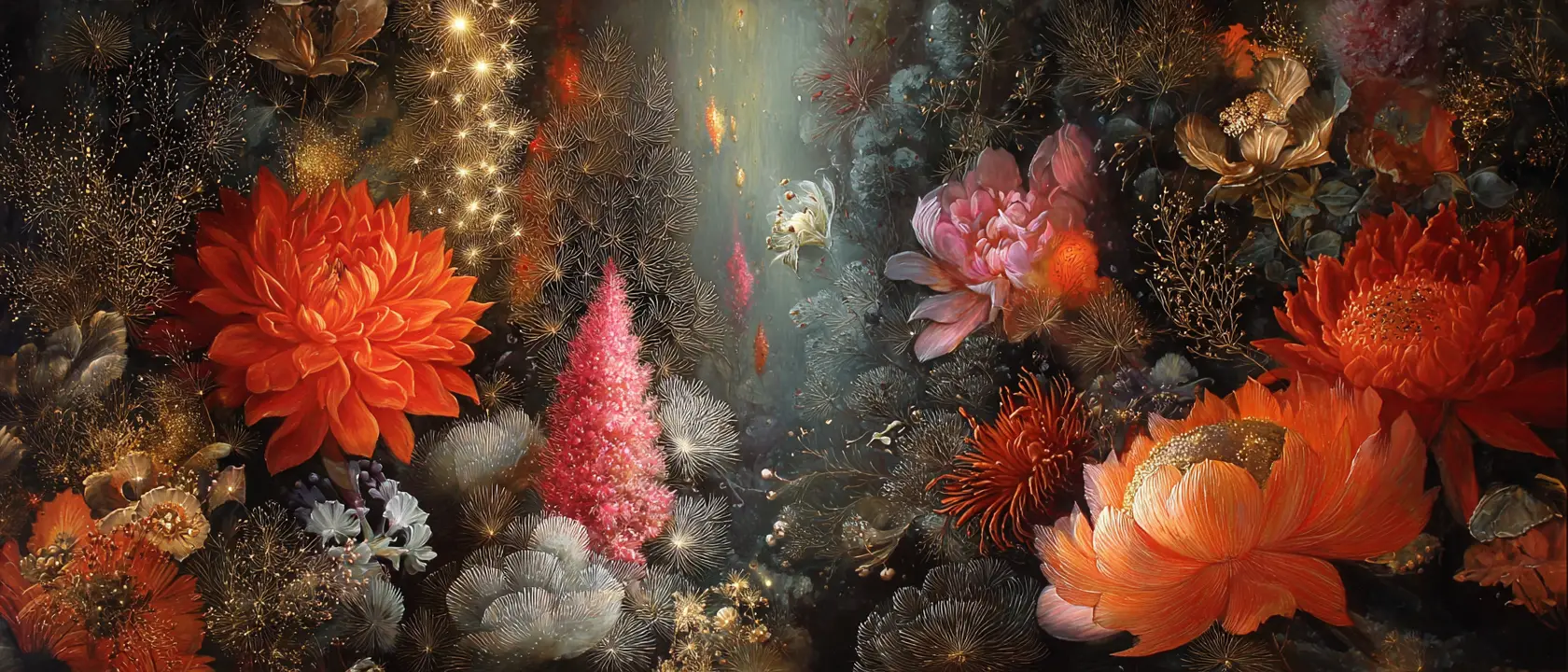 幻想森林中螢光花海裡的超現實薩滿