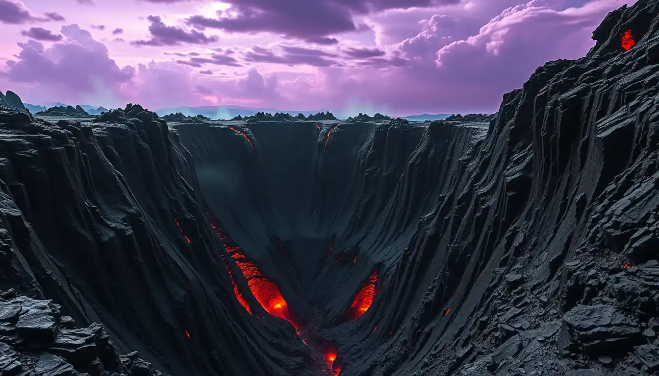Vertiginous view into an alien volcanic crater abyss