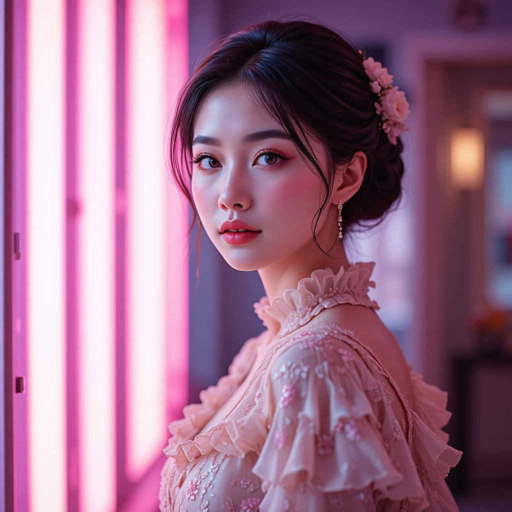 Ritratto in morbida luce al neon di una giovane donna asiatica elegante