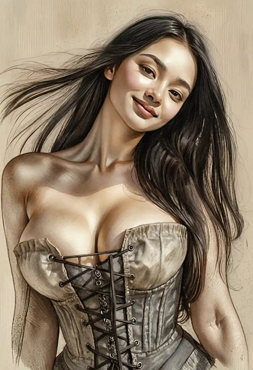 Ritratto a matita seppia di donna con corsetto vittoriano