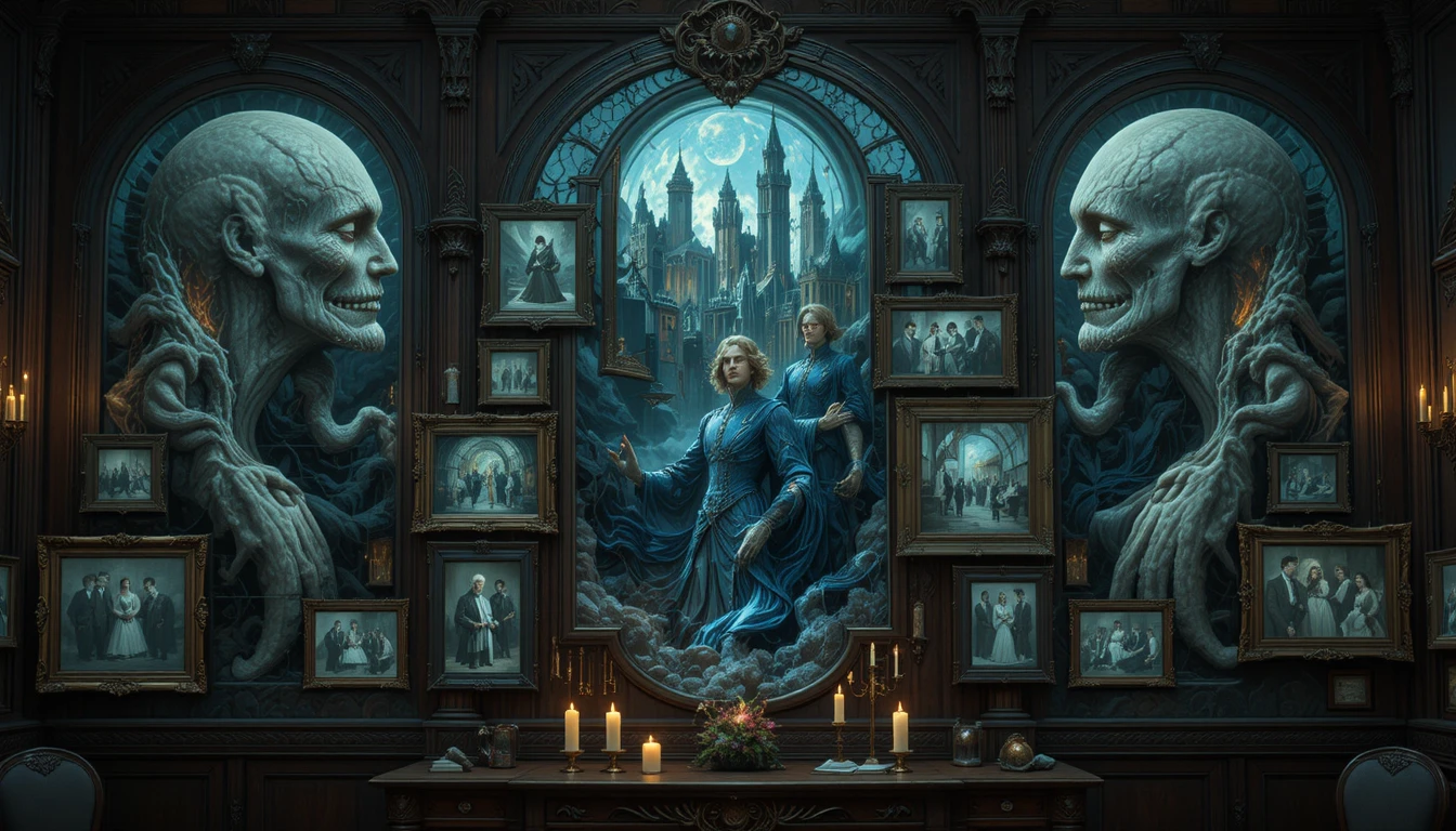 Art nouveau celestial city glowing with molten starlight
