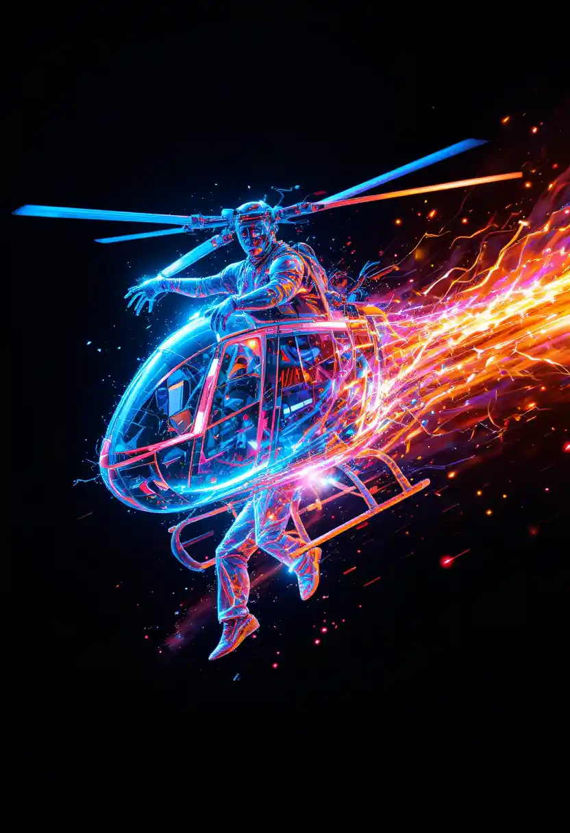 Neon-Hubschrauber in Bewegung mit lebendigen Lichtspuren