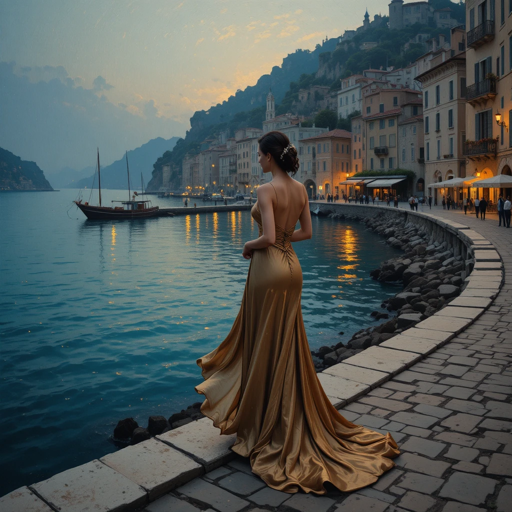Elegante Frau im Abendkleid an einem mediterranen Hafen in der Dämmerung