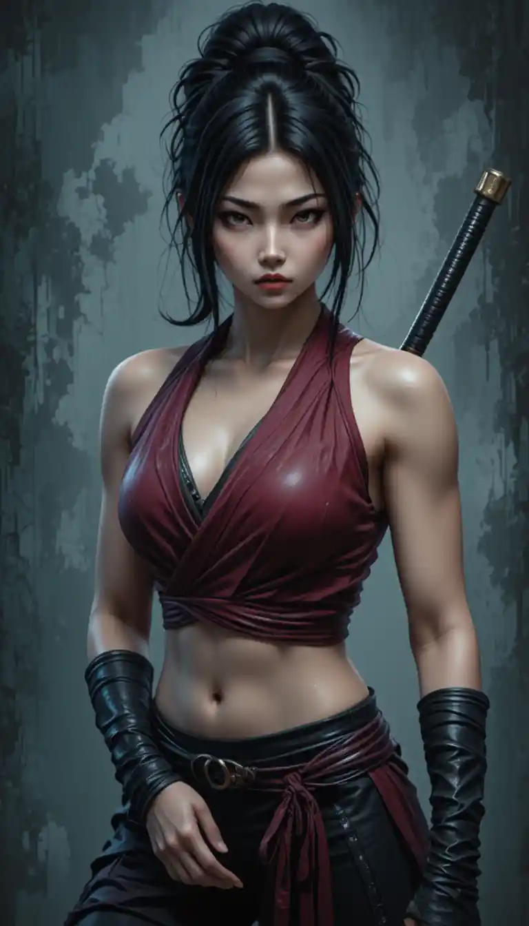 Fierce Asian Warrior Woman With Katana In Dark Ruins