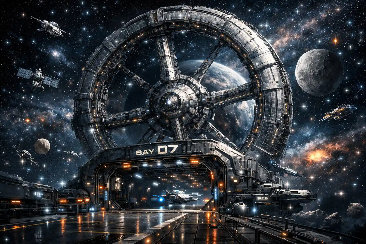 Massiva stazione spaziale a ruota circondata da stelle e astronavi