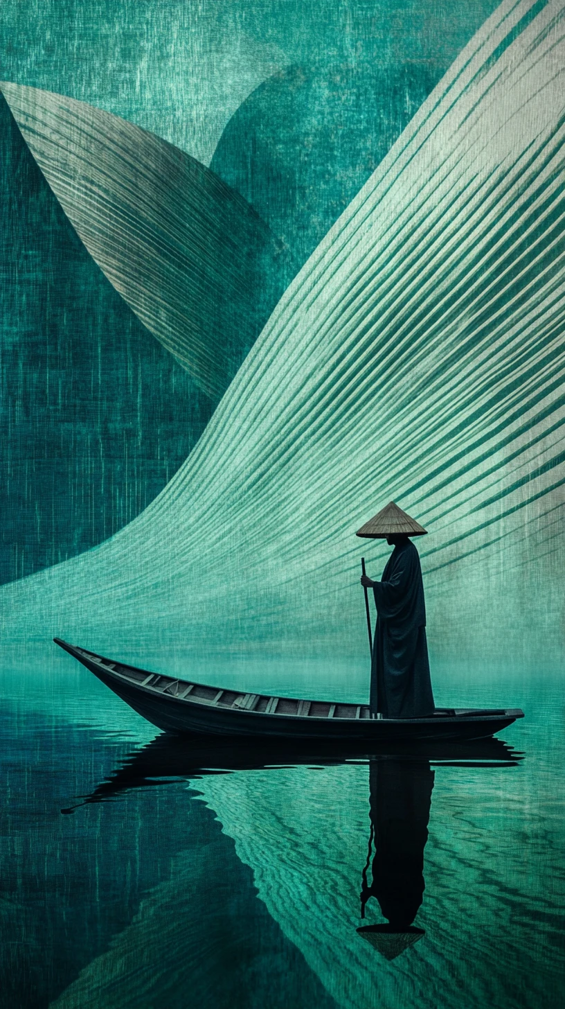 寧靜青綠湖畔小船旁的孤獨披袍身影