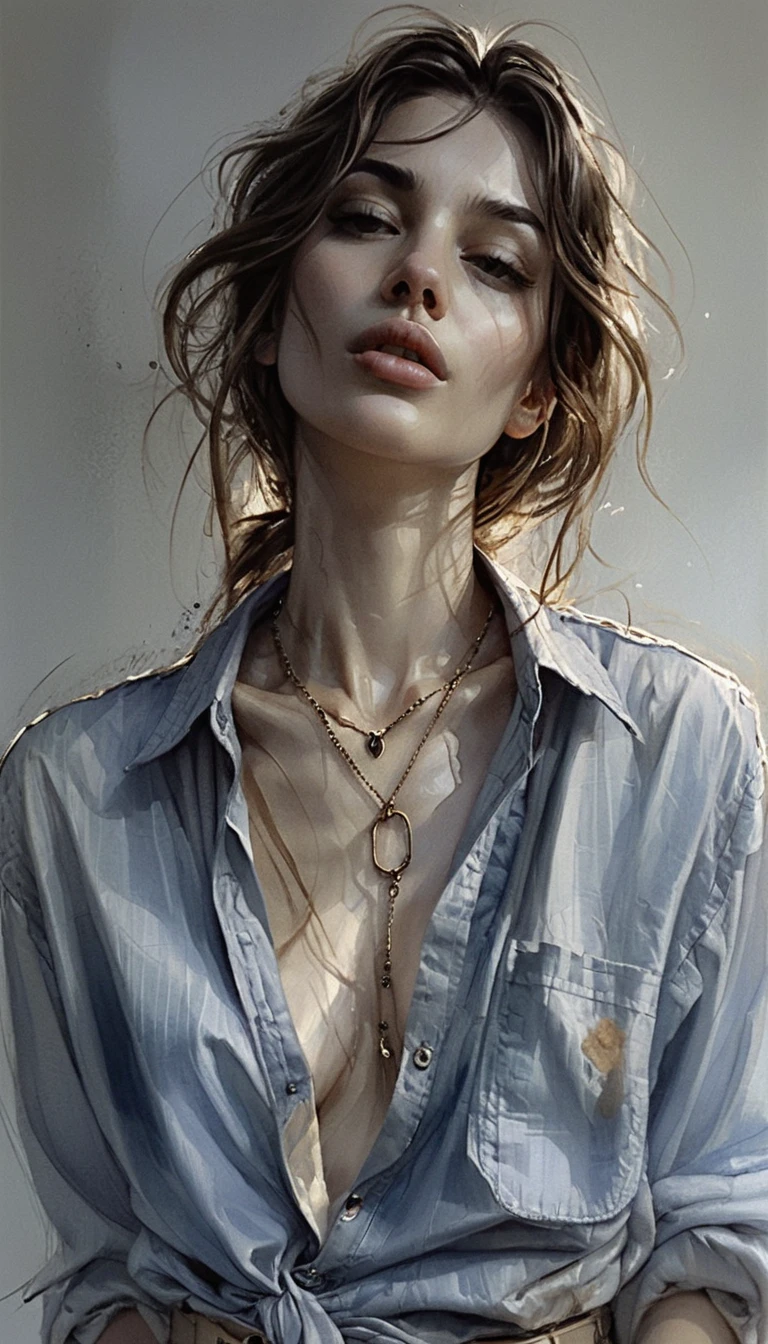 Retrato sensual de busto de uma jovem mulher com camisa jeans