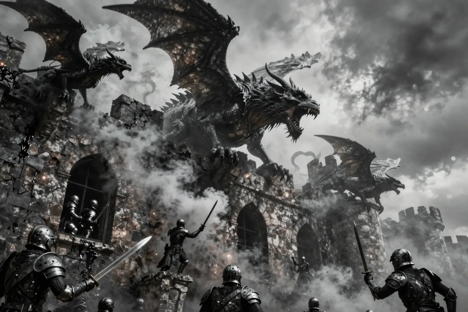 Ominous fortress with smoke veiled warriors and gargoyles