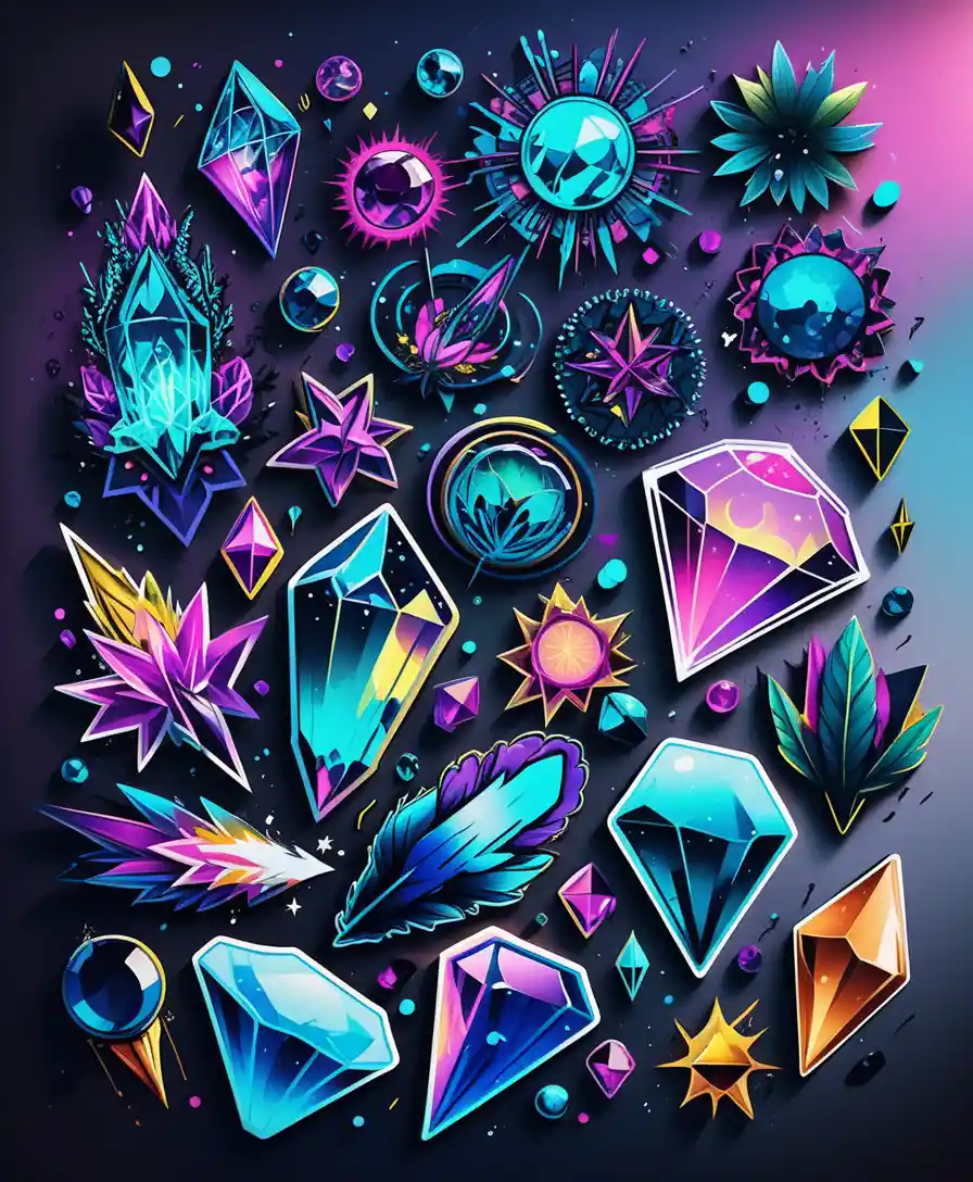 Foglio di adesivi con cristalli colorati e accenti fantasy al neon