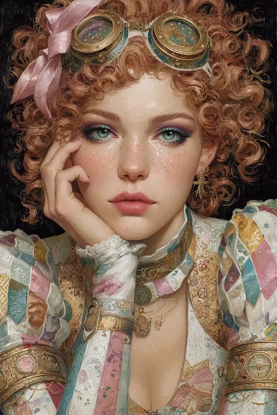 Surreal steampunk maiden in shimmering rainbow portrait