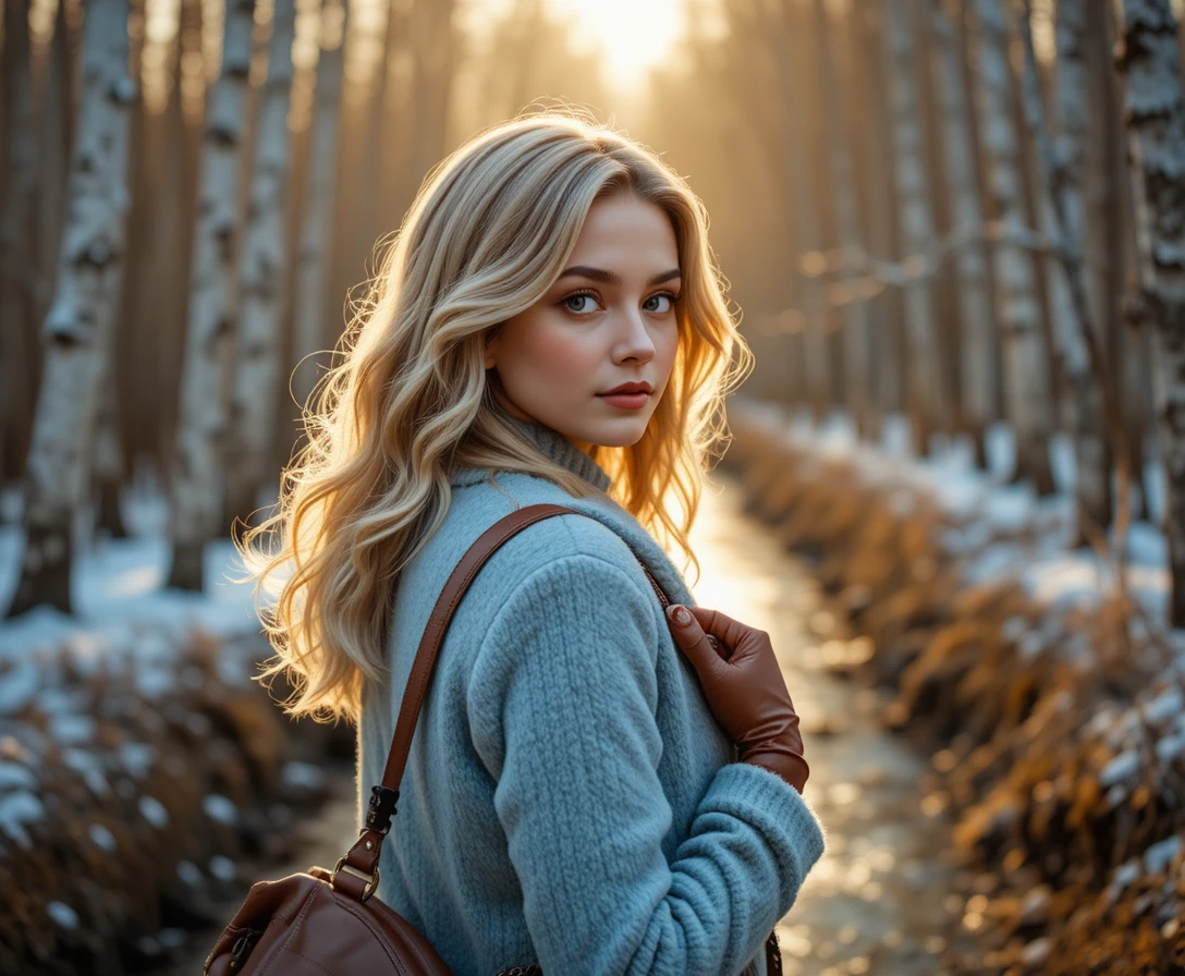 Woman in blue coat at golden hour in winter forest