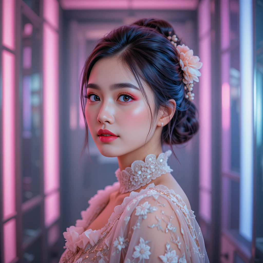 穿花卉洋裝的年輕亞洲女子與霓虹光暈