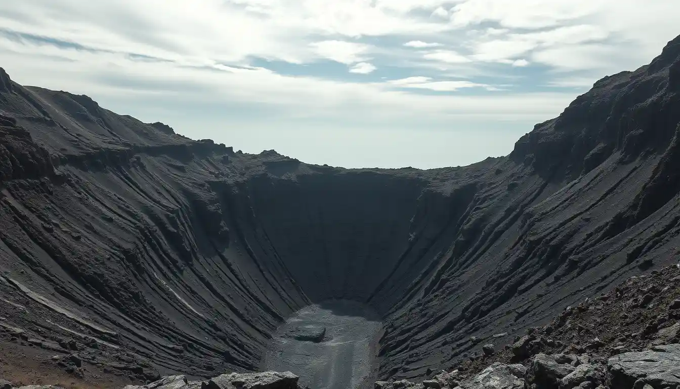 Ancient extinct volcano crater on a silent alien world