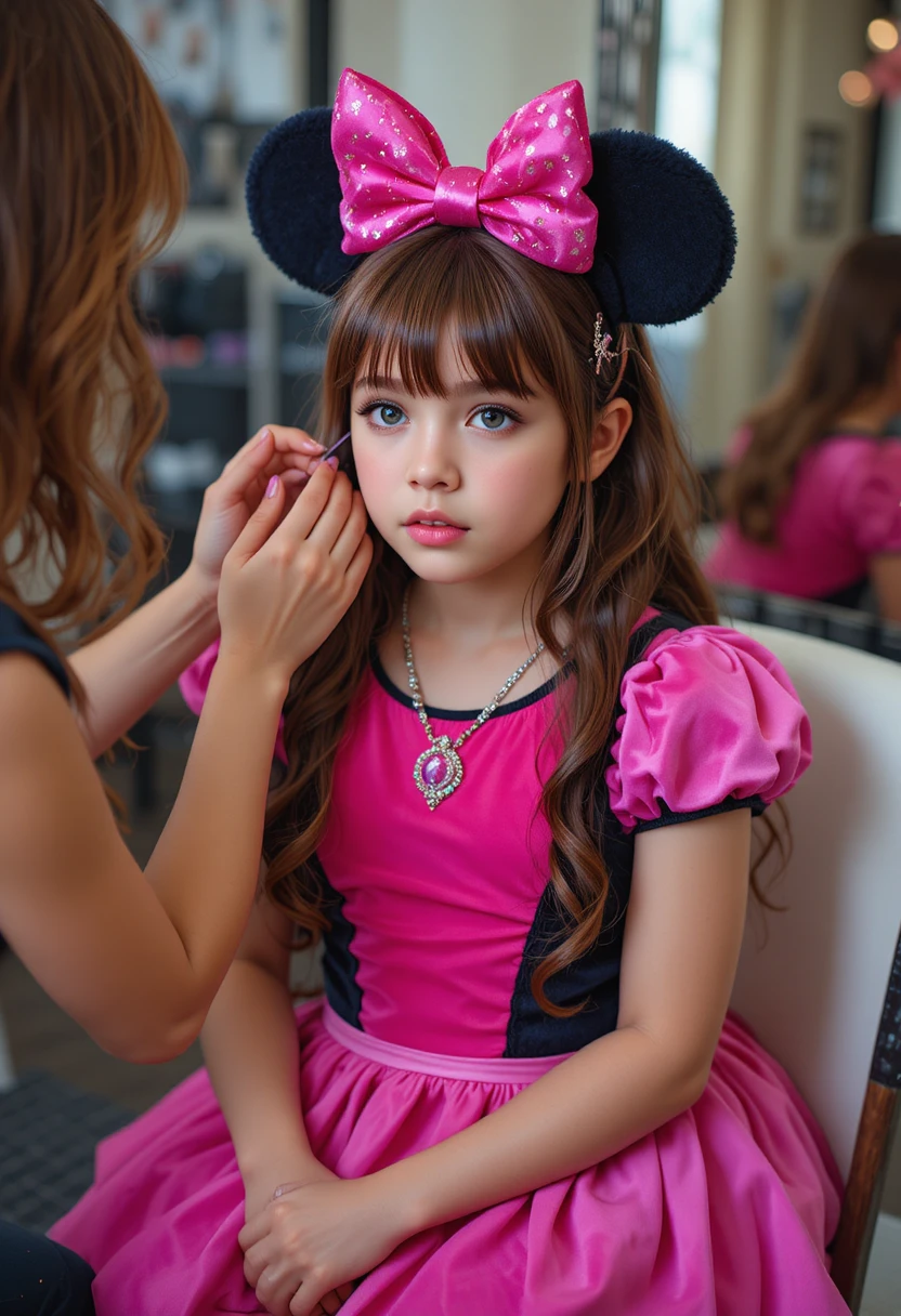 Junge im rosa Kleid bekommt Make-up von einer Frau