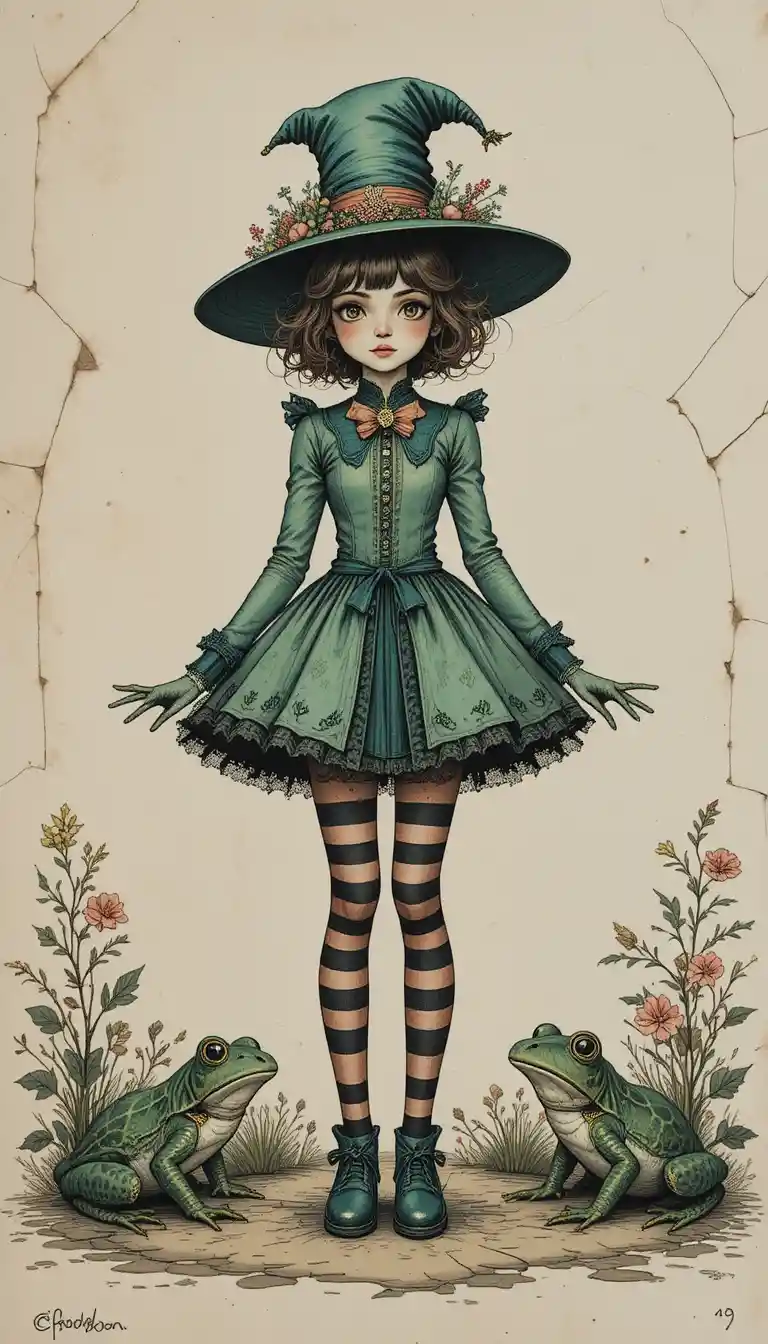 빈티지 개구리 의상과 줄무늬 타이츠를 신은 독특한 소녀