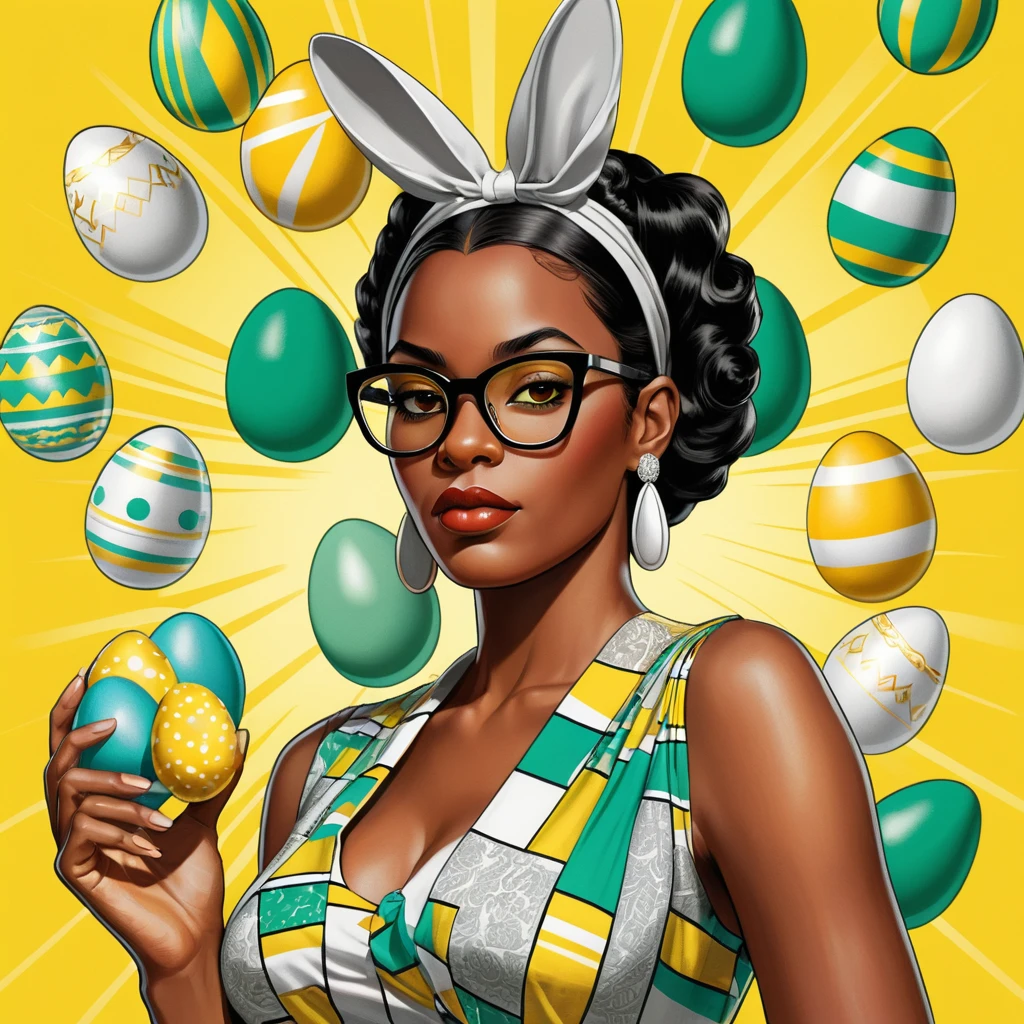 Donna Nera Glamour con Occhiali in una Scena di Pasqua Pop Art