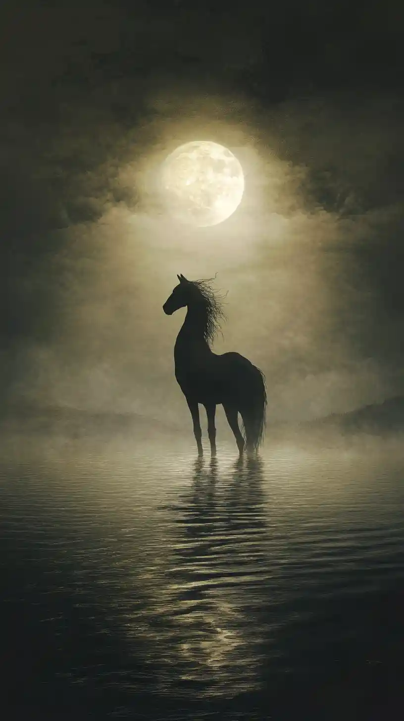 Esprit mystique de kelpie au bord d’un loch écossais baigné de lune