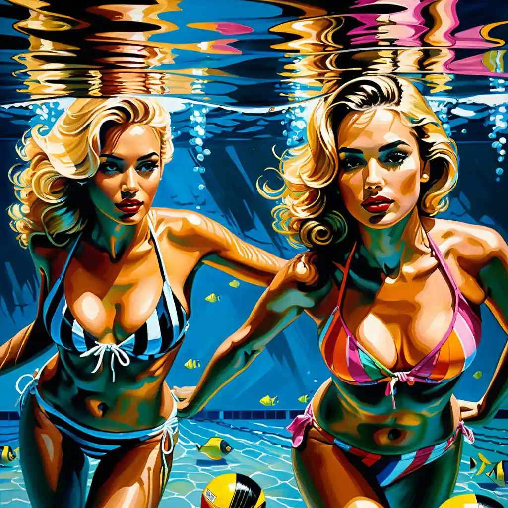 Due donne che nuotano sott’acqua in stile pin‑up fantasy