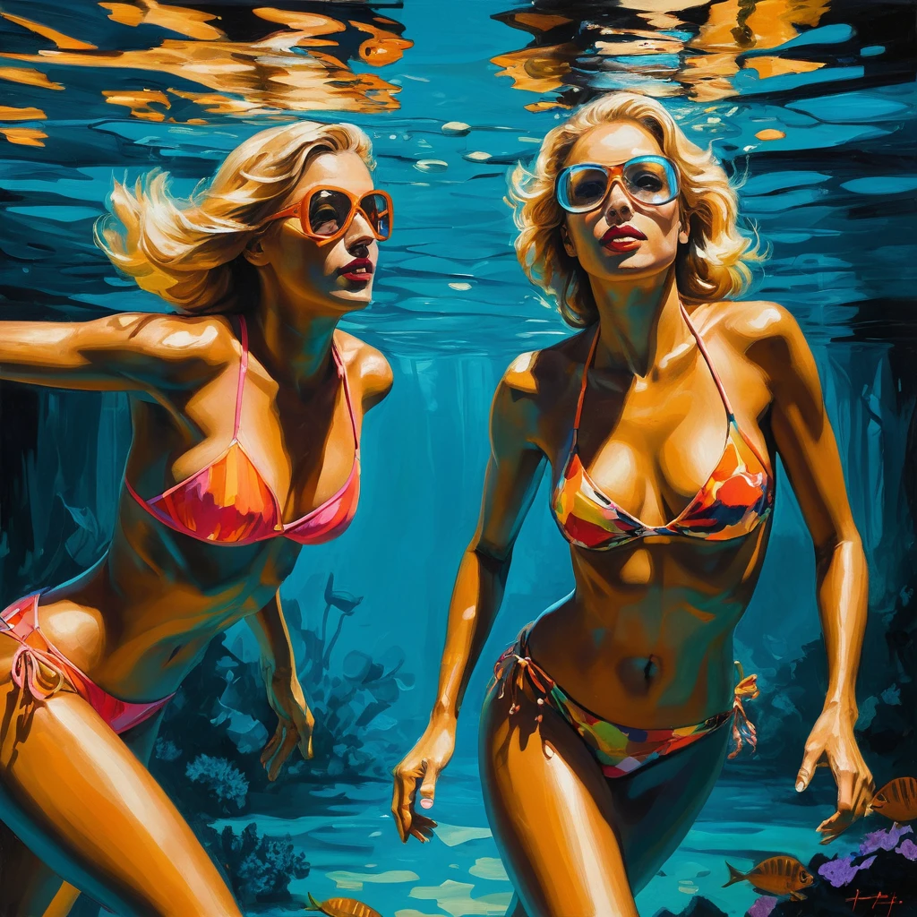 Zwei Frauen schwimmen unter Wasser in einer fantasievollen Pin-up-Szene