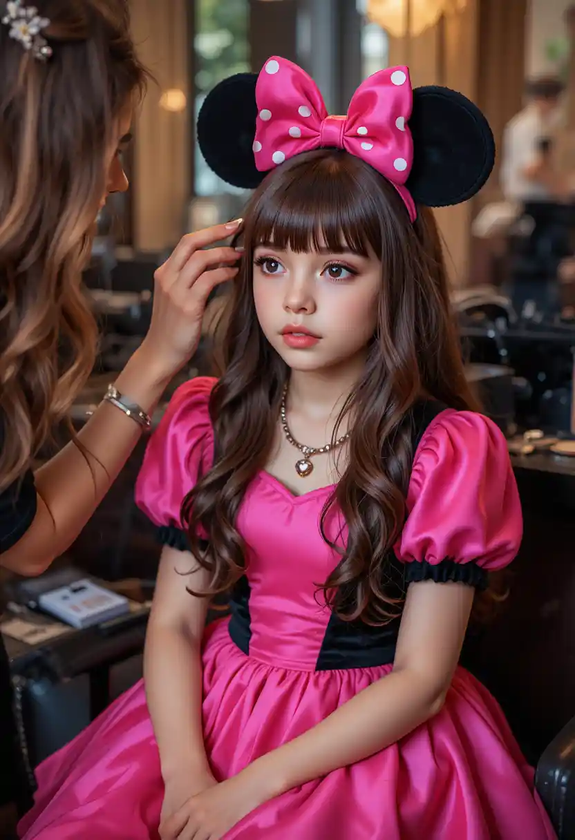 Young boy in pink dress having makeup applied