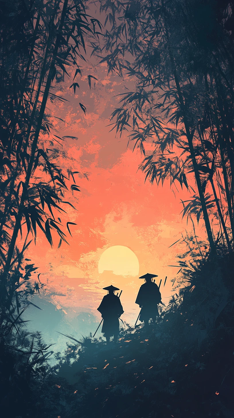 Dois samurais caminhando por um tranquilo bosque de bambu ao anoitecer