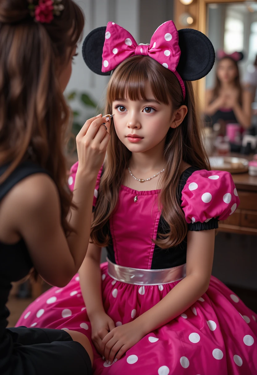 분홍 드레스를 입은 어린 소년에게 여성이 메이크업을 해주는 모습