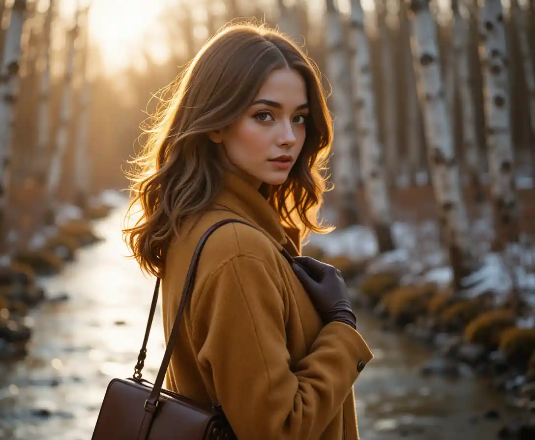 Woman in wool coat by a winter forest stream